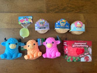 Viral Squishy Lot – RMS Mystery Dumplings, Hello Kitty, Squeeezy Cows & Strawberry