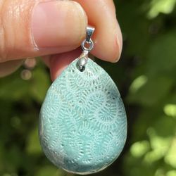 Sterling Silver 925 Stamped Fossilized Coral Pendant 