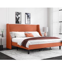 King Size Platform Bed Frame with Upholstered Headboard, Modern Deluxe Wingback, Wood Slat Support, Mattress Foundation, Burnt Orange