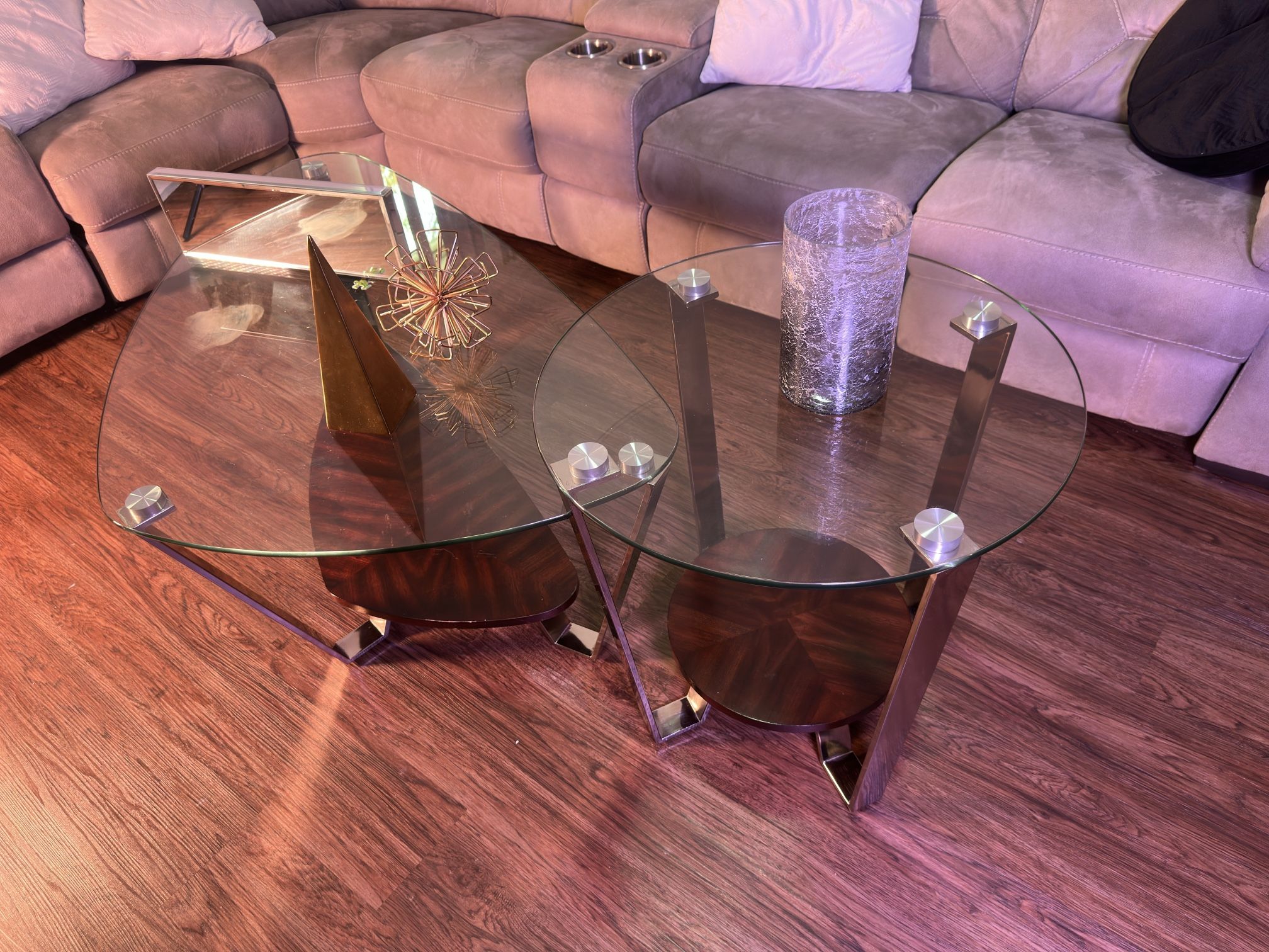 Modern Glass Coffee Table Set w/ Wood Base – Bonus Mirror & Vase Included