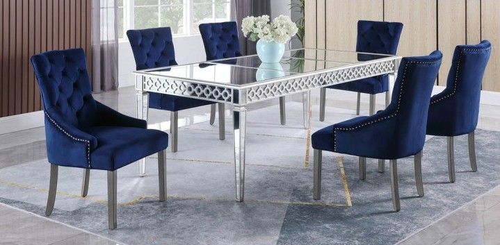 Brand New Blue Silver Mirrored Velvet 7pc Dining Table Set