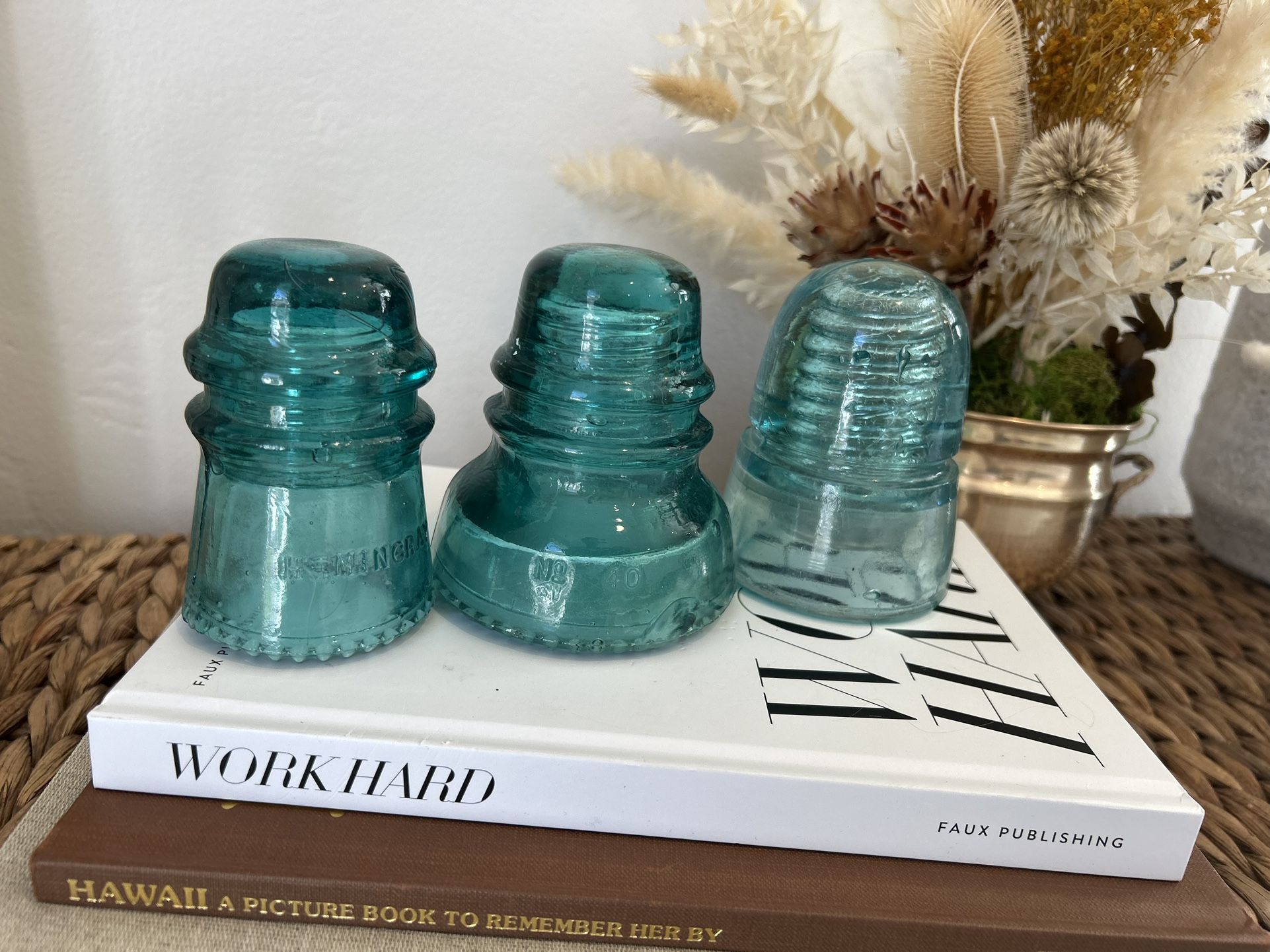 ANTIQUE Lot 3- Insulator collection antique glass insulators RR railroad California Teal Blue Vintage collectibles glassware heavy