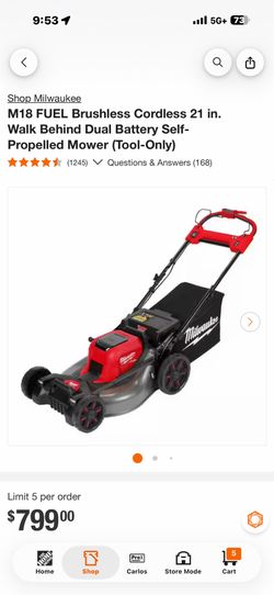M18 FUEL Brushless Cordless 21 in. Walk Behind Dual Battery Self-Propelled Mower (Tool-Only) brand new  $450