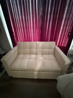 Modern Convertible Sleeper Loveseat w/ Charging Station & Fold-Out Desk – White/Beige