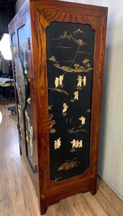 Asian Stone Inlay Carved Wedding Armoire