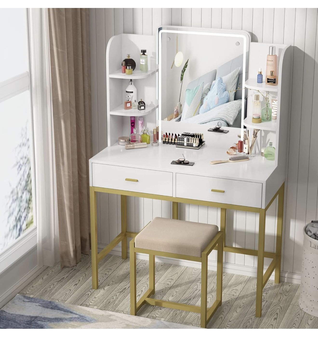 White Makeup Vanity Set with Lighted Mirror