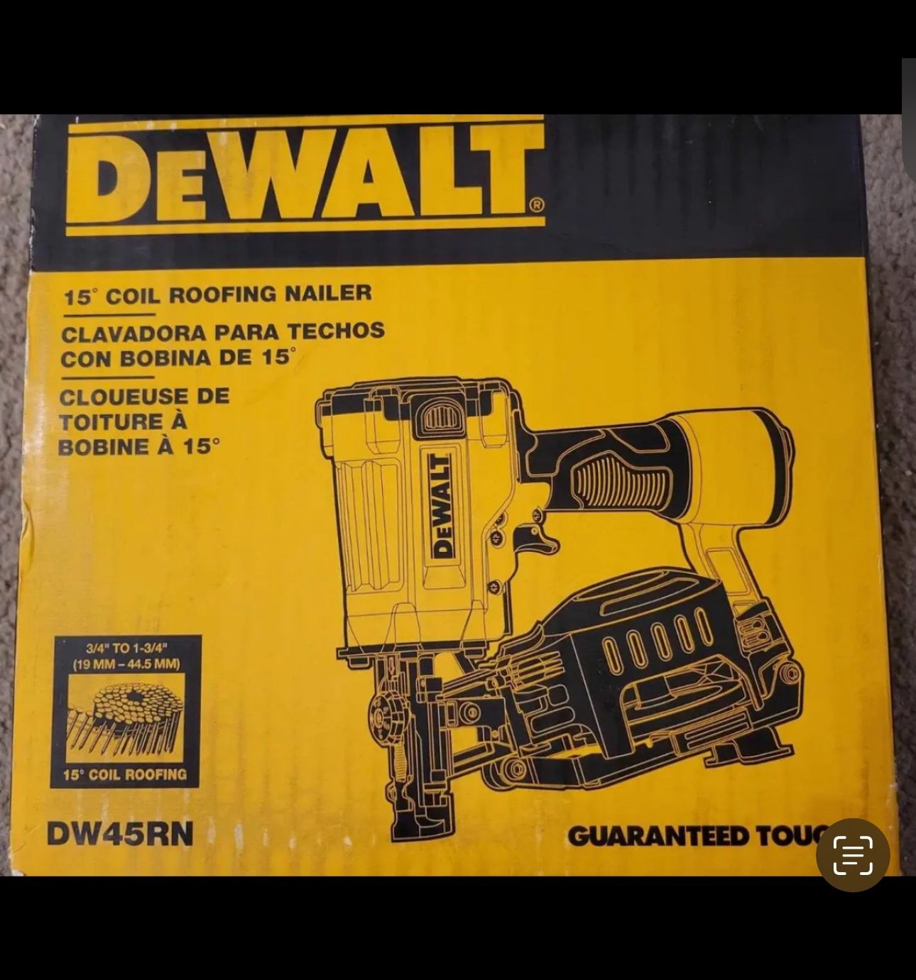 DEWALT DW45RN 15 Degree Coil Roofing Nailer . New IN BOX