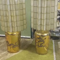Vintage Golden Dragon Lamps With Capiz Shell Shade