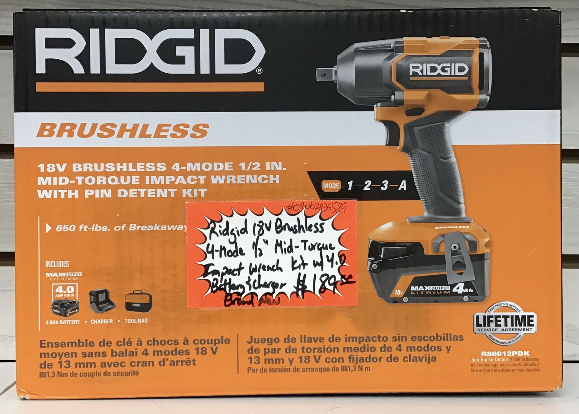 Ridgid 18V Brushless 4-Mode 1/2” Mid-Torque Impact Wrench Kit W/ 4.0 Battery & Charger Brand New 