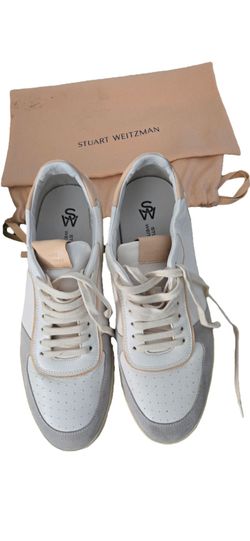 Stuart Weitzman Women's Derby Low Top Leather Sneakers Gray Pink White US 12/ 42