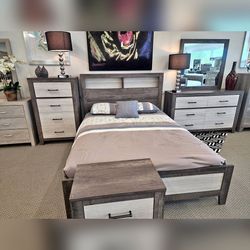 4PC Real wood bed room at king or queen size bed frame Dresser mirror night stand