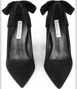 Zzheels Women's Bow Heels Closed Pointed Toe Chunky Pumps, White Silk, US 11