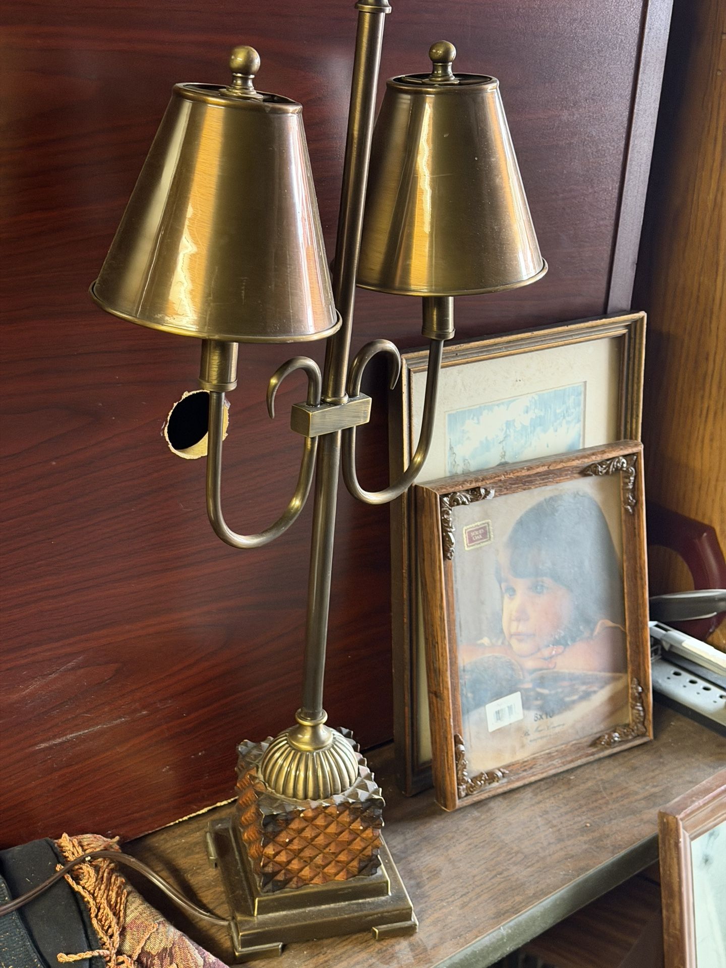 Vintage Brass Double Student Lamp with a Distinctive Pineapple-Motif Base