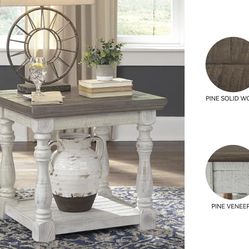 Signature Design by Ashley Havalance Farmhouse Square End Table with Floor Shelf, Vintage Gray & White with Weathered Finish 
