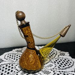 Vintage Wine Decanter Amber Glass And Leather 