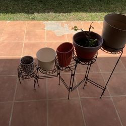 4 Tier Plant Stand with 4 Plastic and 2 Ceramic Pots (one with plants)