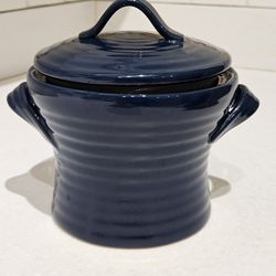 Farmhouse Style Small Navy Blue Ceramic Stoneware Crock With Lid