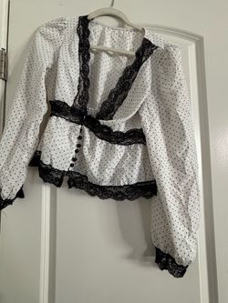 White Polka Dot Blouse with Black Lace Trimp