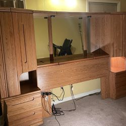 Thomasville Oak  Wood and Mirror Headboard 