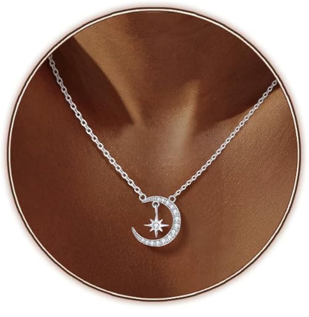 CeaKIev S925 Sterling Silver Moon and Star Necklace for Women, Dainty CZ Crescent Pendant, Jewelry Gift for Birthday, Anniversary, Valentine’s Day, Mo