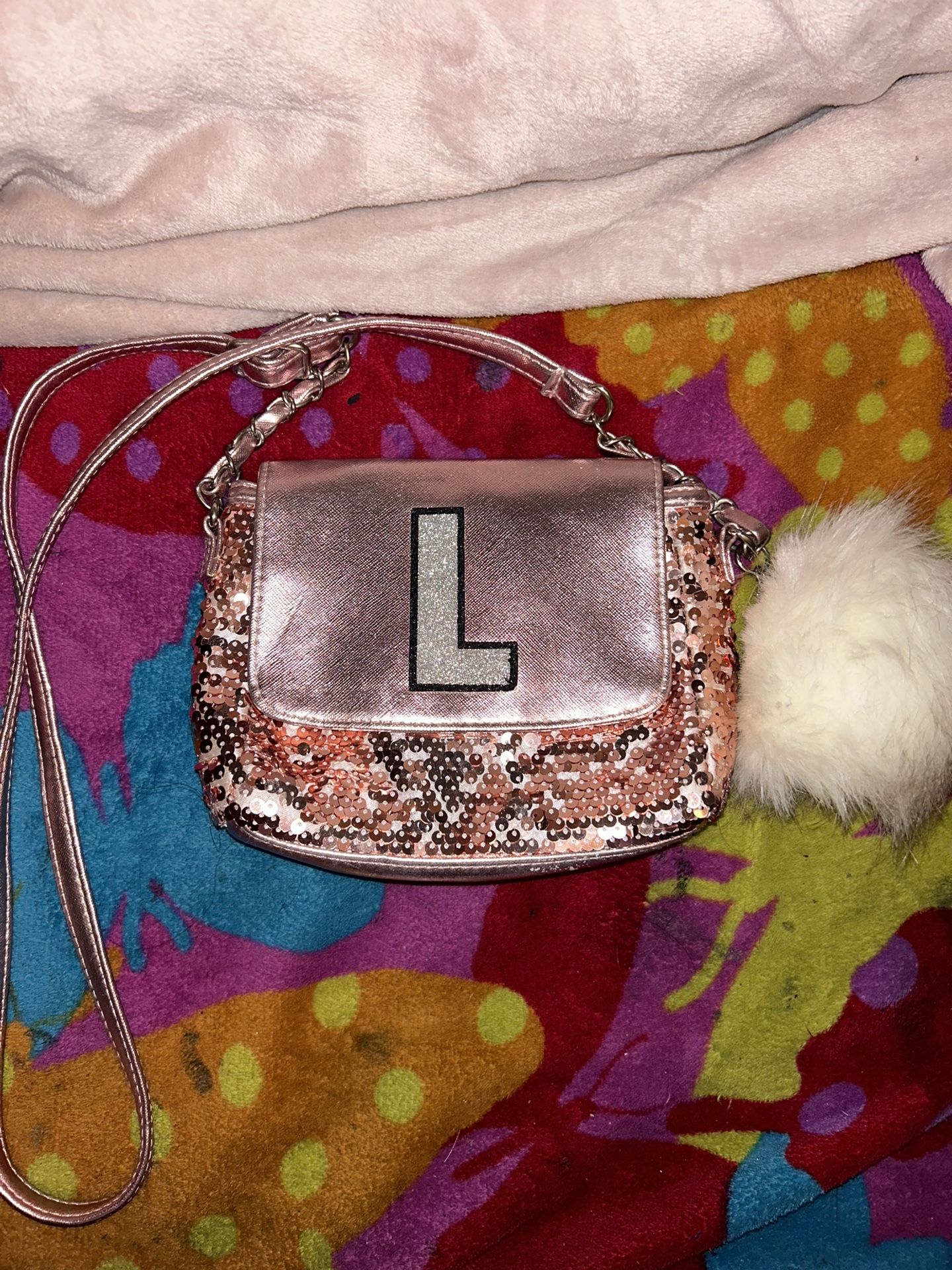 Justice Girls Pink Sequin “L” Purse With Fuzzy Tassle Ball
