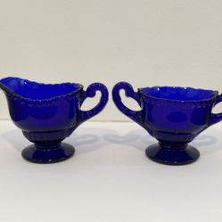 Small Vintage Cobalt Blue Glass Creamer and Sugar