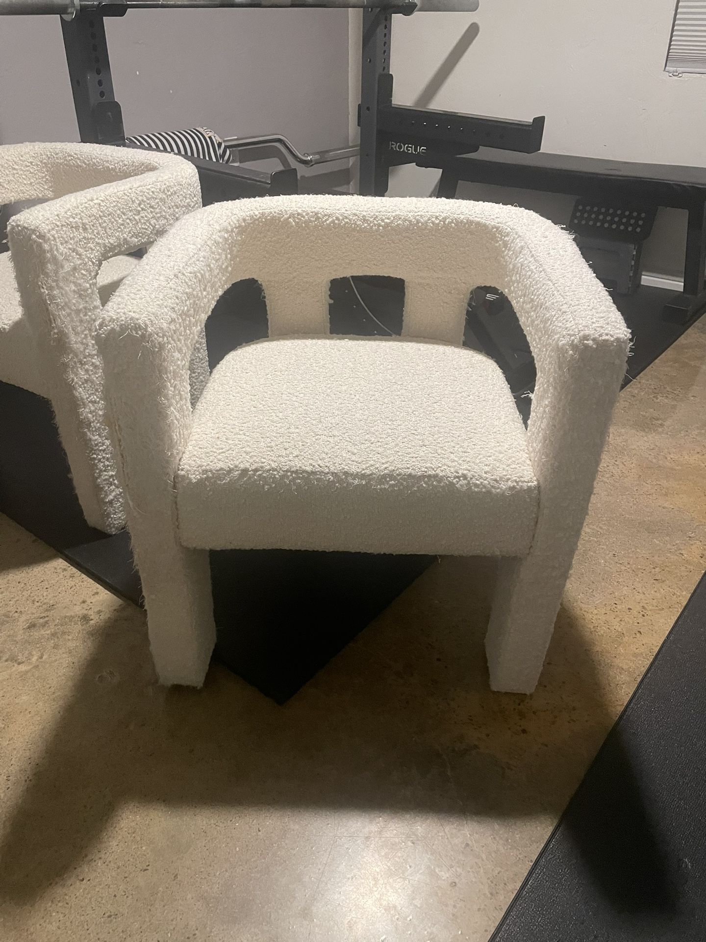 Two Used CB2 Stature Ivory Dining Armchair