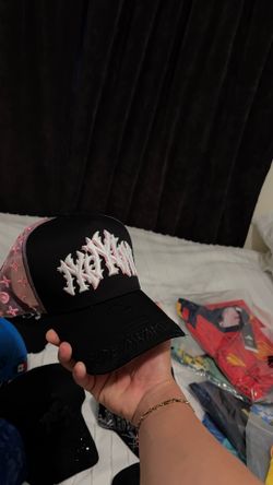 Black and Pink Embroidered Trucker Hat with Monogram Side