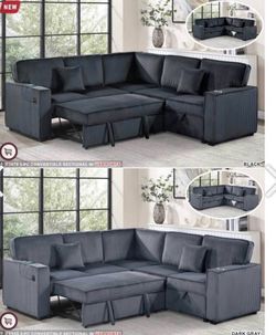 $550. Sectional Pull Out Bed With Storage USB Cup Holder Available,I Ivory,Dark Gray,Corduroy