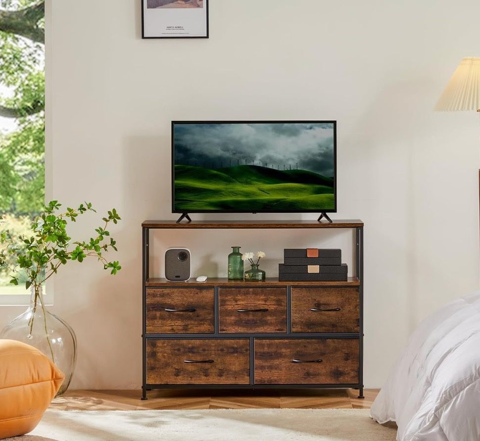 TV Stand for Bedroom, TV Dresser for 45 inches, Media Console Table, Entertainment Center with 5 Fabric Drawers Cabinet and Open Storage Shelf