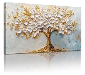 Large White Gold Wall Art, Abstract Tree of Life Artwork 29"X57"