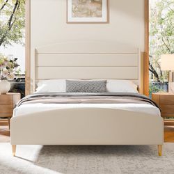 Queen Bed Frame with Wingback Headboard, Platform Queen Bed with Velvet Upholstered Headboard, No Box Spring Needed，Beige