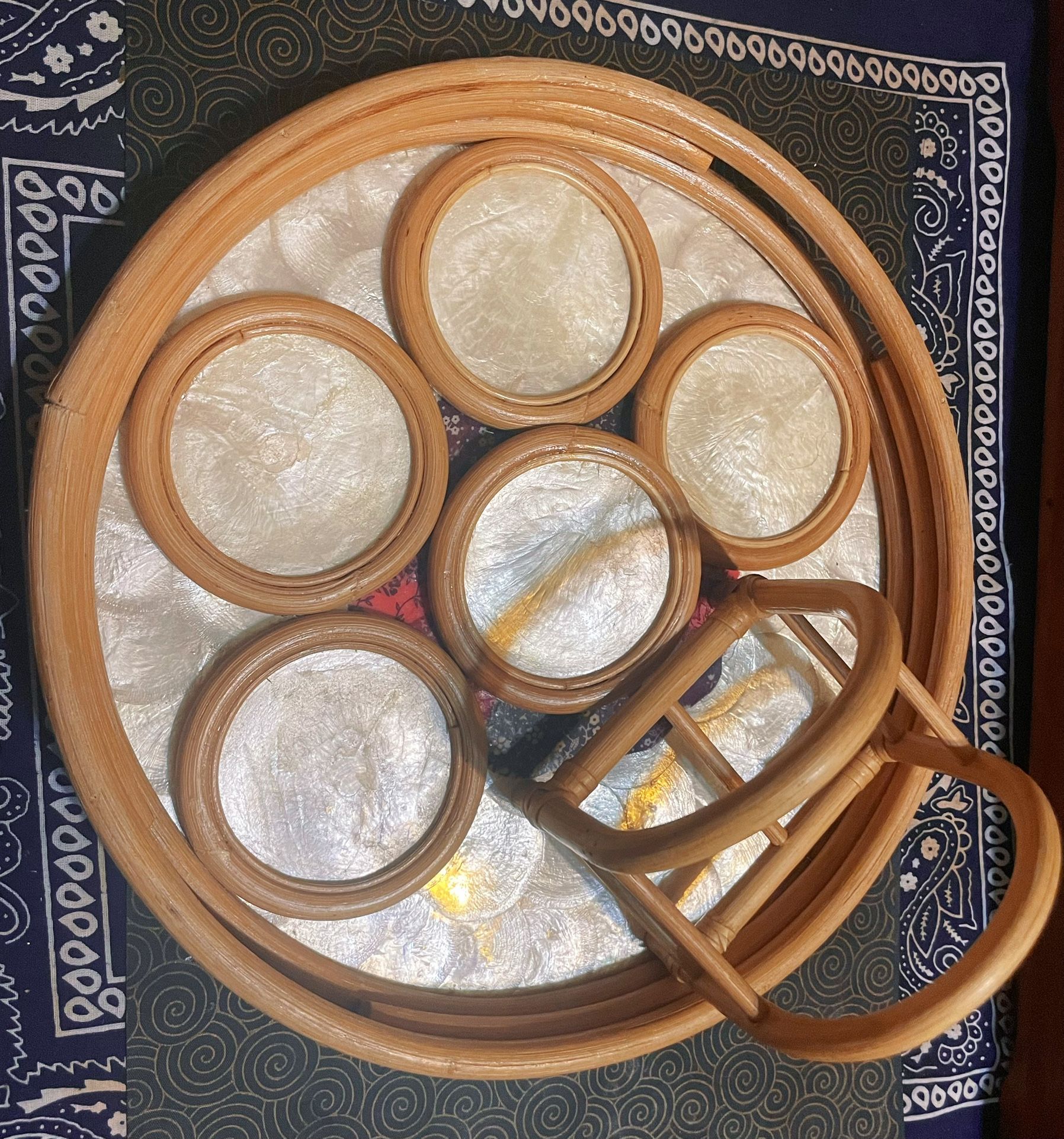 Vintage Capiz Shell Rattan Bamboo Capiz Serving Tray Set Coastal Boho Decor Handles