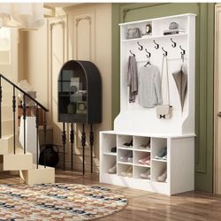 AIEGLE 39.4" Wide Entryway Hall Tree with Bench and Storage, 3-in-1 Hall Tree Cabient with 10 Shoe Cubbies & 7 Coat Hooks, Coat Rack with Space Storag