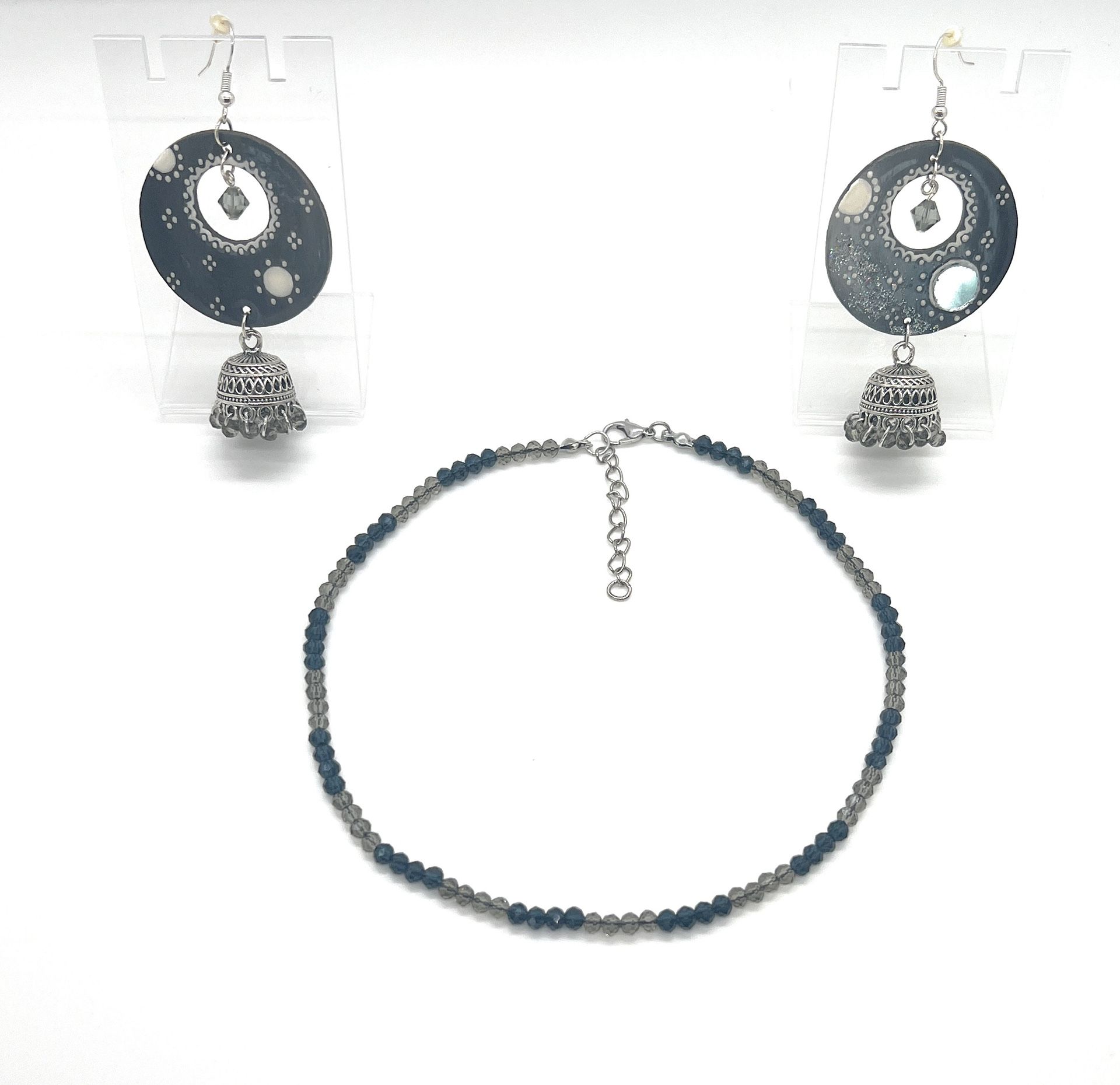 Holiday SALE 20% Off!! Designer Earrings And Chain- Grey Shaded Style -Swaroski Center Crystal On Jhumka Earrings And Crystal Glass Beads Shaded Chain