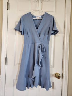 Monteau Dusty Blue Wrap Midi Dress with Ruffle Tie