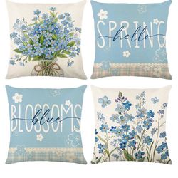 New Spring Pillow Covers 18x18 Set of 4 Blue Farmhouse Throw Pillow Covers
