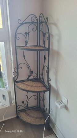 Wrought Iron Corner Shelf with Wicker Shelves