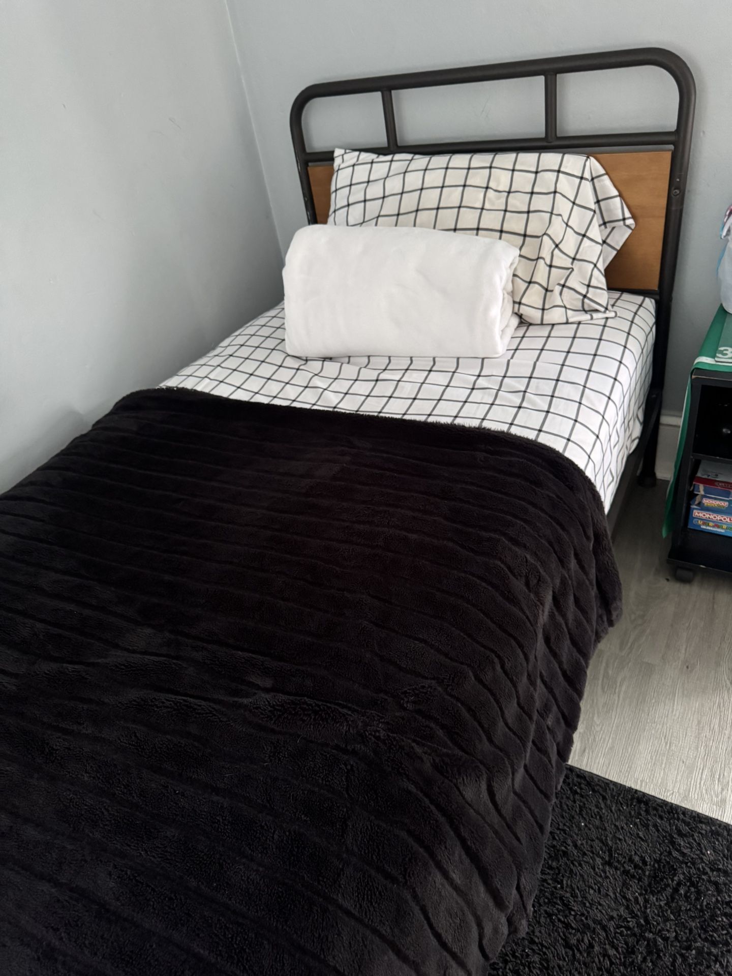 Twin Bed, Black Metal And Real Wood