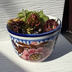 Ceramic Flower Pot Hand Painted Floral Cobalt Pink Brown Succulents