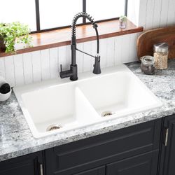 Totten 33" Drop In or Undermount 50/50 Double Basin Granite Composite Kitchen Sink