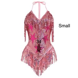 Women Pink Sequin Fringe Star Body Suit Dance Singer Performer Costume / Traje de Cuerpo Rosa Chico