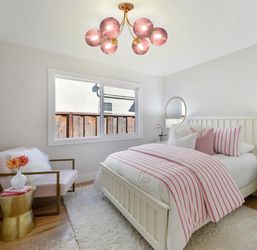 6‑Light Pink Glass Globe Chandelier – Gold Accent Statement Fixture