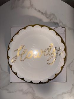 White & Gold Scalloped Paper Plates Set, Decorative Wedding Party Tableware