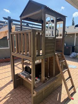 Kidkraft Wooden Outdoor Two-Story Playhouse with Slide