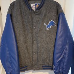 **Holy grail piece** Detroit Lions gray wool and blue leather varsity jacket8