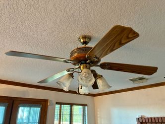 52" Vintage Brass & Oak Ceiling Fan with Light Kit – $25
