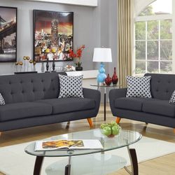 Brand New Dark Grey Retro Style Sofa & Loveseat 