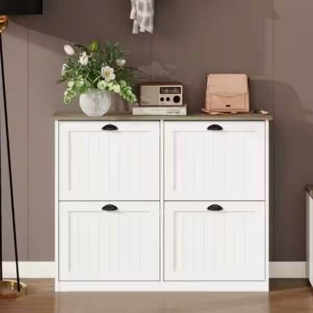 32 in. H x 40 in. W White wood Slim Shoe Storage Cabinet with 4 Flip Drawers, Adjustable Shelf