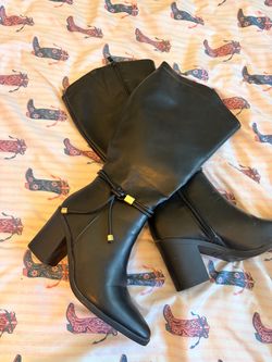 Black Knee-High Heeled Boots with Gold Detail